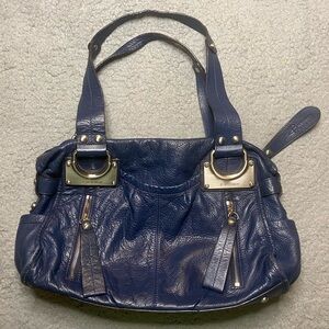 B. Makowsky Navy Pebbled Leather Shoulder Bag w/ Animal Print Lining Inside